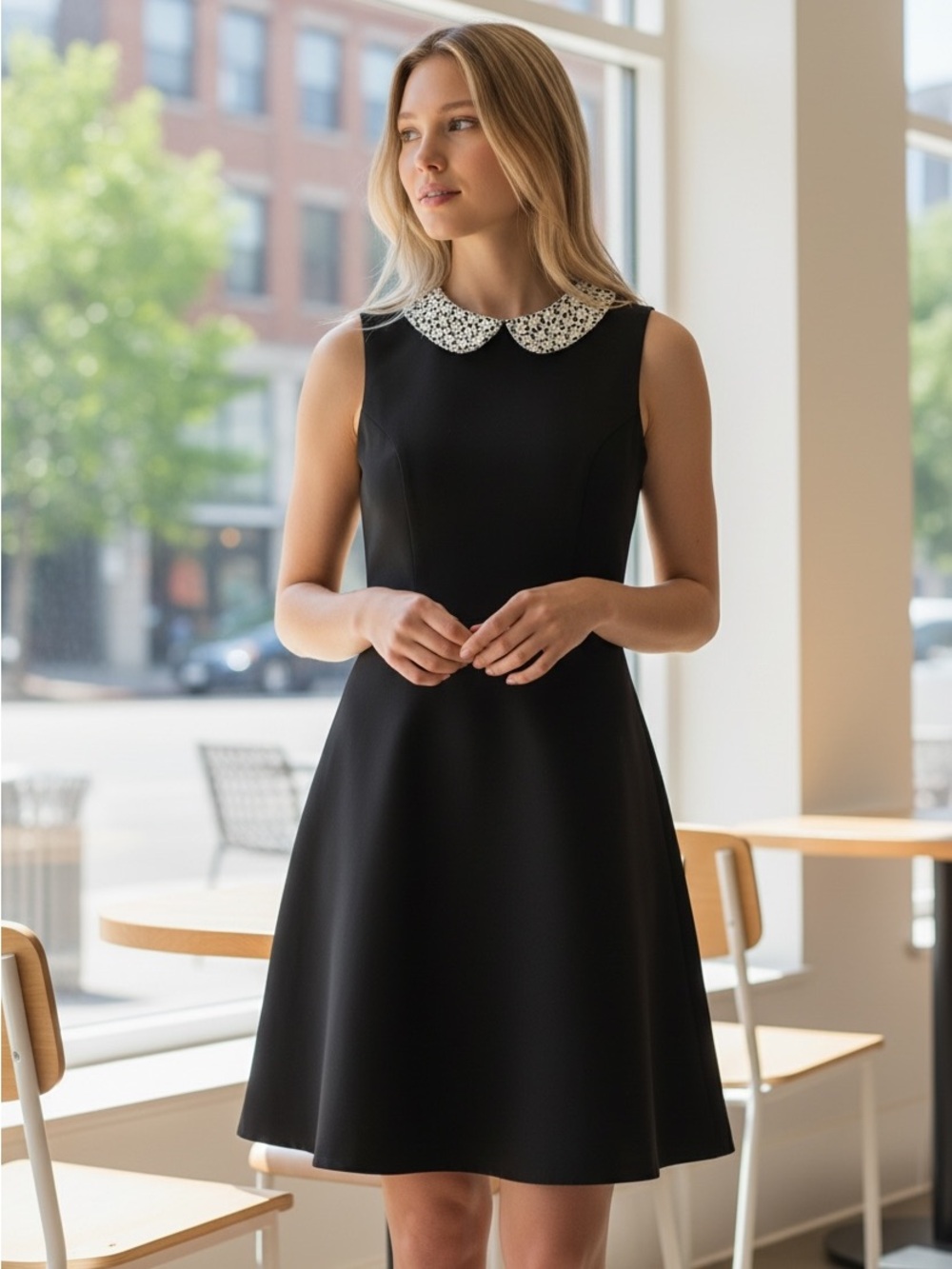 Modcloth Fit and Flare Mini Dress in Black with Lace Collar Size 8
